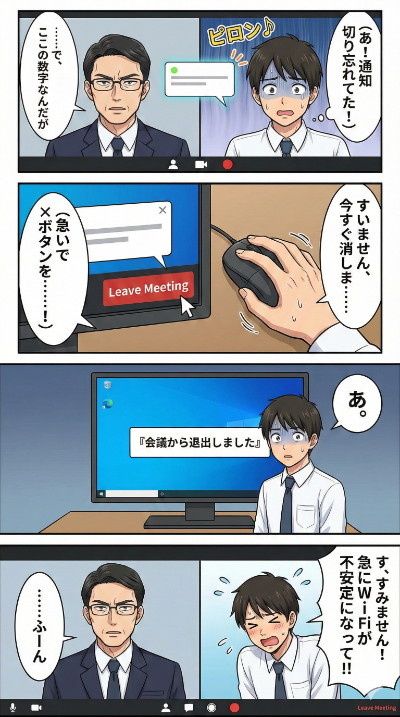 オンライン会議中、通知を消すつもりが、会議から抜けちゃう・・・